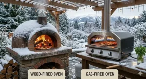 Illustration of a wood fired vs gas pizza oven running efficiently during a snowy Canadian winter.