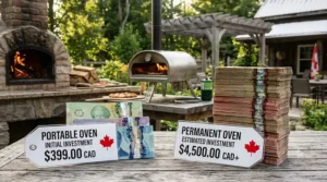 A high-resolution photograph of a permanent stone outdoor pizza oven in a Canadian backyard, featuring a bilingual English and French brass plaque about increasing property value.