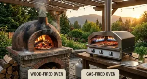 Graphic illustrating heat-up times and temperature curves for a wood fired vs gas pizza oven.