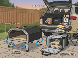 A vector illustration demonstrating the portable design of the DoughMaster DFO-14 dual fuel pizza oven, showing its foldable legs, compact stacking in a carry bag, and how it packs into an SUV cargo area with cottage gear like firewood and a cooler, conveying a "Cottage Ready" theme.