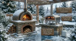 Sizing and installation footprint guide comparing portable gas units to permanent wood fired outdoor ovens.