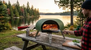 Illustration of a portable Gozney pizza oven set up at a lakeside cottage in Canada.