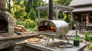 Detailed photorealistic outdoor still life comparing split hardwood logs, wood pellets, and a steel propane tank used for fueling the portable and permanent pizza ovens from previous images.