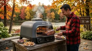 Illustration of Montreal-style smoked meat being prepared using the Ninja Woodfire Outdoor Oven.