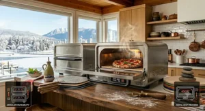 Minimalist illustration of a compact countertop pizza oven fitting perfectly under cabinets in a modern, small-space Canadian condo kitchen.