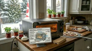 Airflow illustration demonstrating the smoke-free ventilation design of a smokeless indoor electric pizza oven. / Schéma d'un four à pizza électrique d'intérieur sans fumée avec système de ventilation.