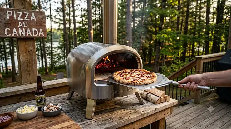 A Solo Stove Pi pizza oven baking a fresh wood-fired pizza on a cozy outdoor deck in Canada.