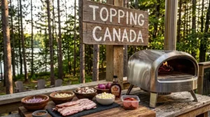 Graphic of unique Canadian pizza toppings being prepared next to a Solo Stove Pi pizza oven.