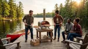 Illustration of friends making artisanal pizzas using the Solo Stove Pi pizza oven at a Canadian lakeside cottage.