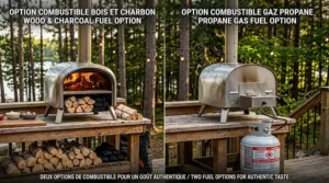 Diagram showing the wood-fired and propane gas dual-fuel options for the Solo Stove Pi pizza oven.