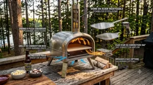 Graphic illustration of the Solo Stove Pi pizza oven unboxing experience with bilingual dimensions.