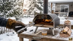 Labeled illustration highlighting must-have features when buying a budget pizza oven, including cordierite stone and heat retention.
