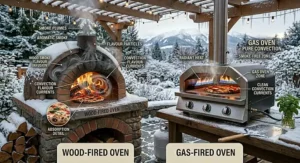 Diagram showing heat distribution and wood smoke flavor absorption versus gas burner heat.