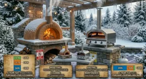 Bar graph comparing the 5-year total cost of ownership for a wood fired vs gas pizza oven.