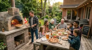 Family gathering around a backyard pizza making station with fresh toppings next to a high-heat outdoor pizza oven.