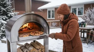 A cozy winter illustration of a Canadian family gathered around a smoking patio pizza oven in a snowy backyard.