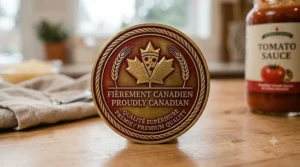 A photorealistic 4K detailed photograph of the stylized quality seal for the Artisan Pizza Making Kit (image_2.png), featuring embossed metallic gold and red text reading Fièrement canadien / Proudly Canadian and Premium Quality. The seal rests on warm Canadian maple wood, guaranteeing cultural authenticity.