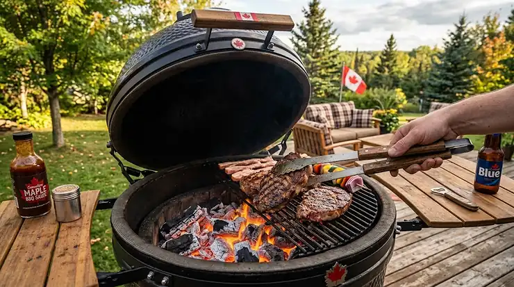 Glowing sugar maple lump charcoal for BBQ lit inside a kettle grill in a Canadian backyard.