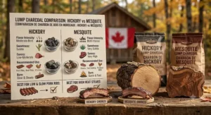 Summary recommendation guide choosing between hickory lump charcoal and mesquite lump charcoal for smoking ribs.
