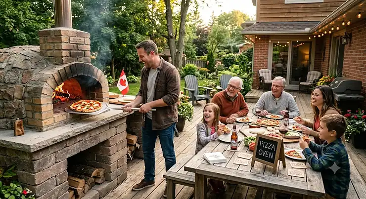 Here is the list of 9 English Alt Texts ready for copy-and-paste. As requested, they are presented without bold formattinA Canadian family gathering on an outdoor patio in summer, sharing homemade slices made in a portable backyard pizza oven.