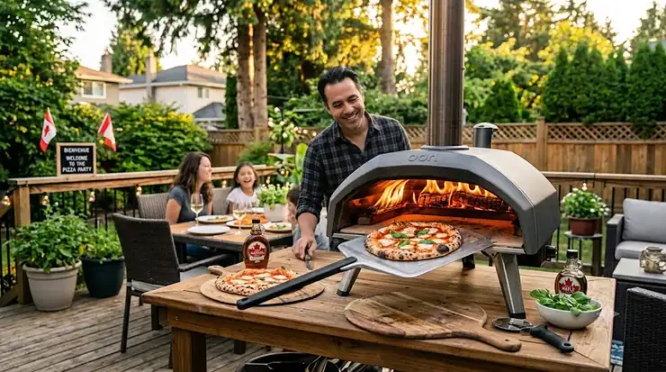 Alt text for image 1: A backyard patio setup featuring a high-quality outdoor pizza oven under $1000 baking a fresh wood-fired pizza during a Canadian summer evening.