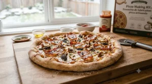 A photorealistic 4K detailed close-up photograph of a fresh, homemade Canadian-style pizza, showcasing special toppings like wild mushrooms, crispy peameal back bacon, and a maple syrup drizzle, made using the bilingual Artisan Pizza Making Kit (image_0.png, image_2.png) and baked to perfection in natural light.