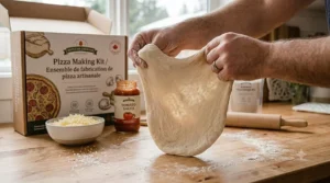 A photorealistic, high-detail 4K photograph capturing hands stretching the elastic dough from the bilingual Artisan Pizza Making Kit (image_0.png, image_2.png) on a worn wooden counter, showing the dough's texture and flour dusting in natural daylight.