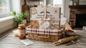 A photorealistic 4K detailed photograph captures a beautifully curated, bilingual Canadian Pizza Making Kit presented as a thoughtful gourmet gift. The rustic, labeled kit box (as seen in image_2.png) is sitting in a wicker picnic basket, tied with a plaid-lined ribbon and a gift tag, surrounded by the specific jars, bowls, and rolling pin from previous images under soft, natural daylight in a cozy kitchen.