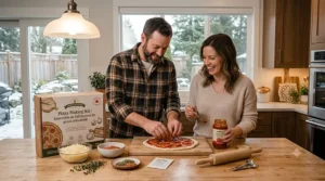 A photorealistic 4K detailed photograph captures a young couple enjoying a cozy indoor winter date night. They are assembling individual pizzas on a rustic maple wood counter, using the components of the bilingual Artisan Pizza Making Kit (image_2.png) by soft warm light, with snow visible outside the window.