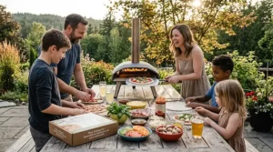 A vibrant, sun-drenched Canadian summer evening photo of a backyard pizza party. A family (diverse ages, dressed for summer) gathers around a distressed wooden patio table to assemble and cook pizzas using a portable wood-fired oven and the bilingual 'Pizza Making Kit / Ensemble de fabrication de pizza artisanale' (image_2.png), surrounded by fresh toppings, lemonade, and lush green plants.