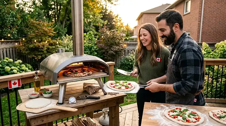 A beginner-friendly portable pizza oven heating up on a suburban Toronto backyard patio, baking a fresh Neapolitan pizza.