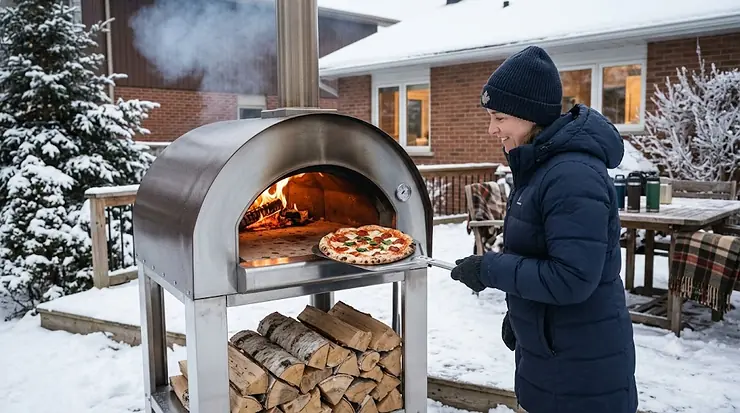 A high-quality wood-fired pizza oven cooking a fresh Neapolitan pizza outdoors in a snowy Canadian backyard during winter. pizza oven for canadian winter