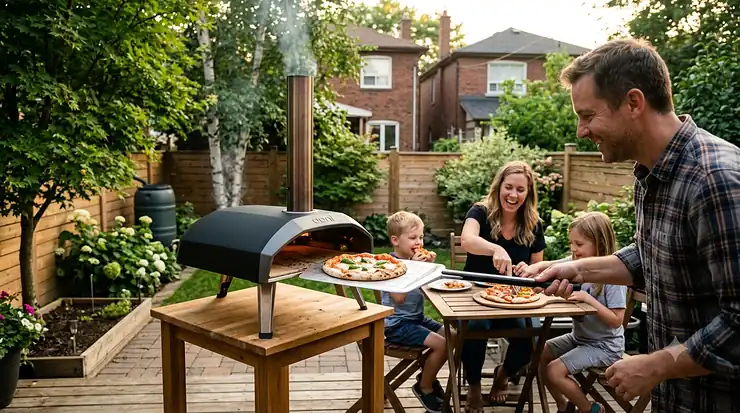 A sleek, portable wood-fired pizza oven for small backyard patio spaces in Canada, featuring active flames heating the baking stone on a compact outdoor prep table.