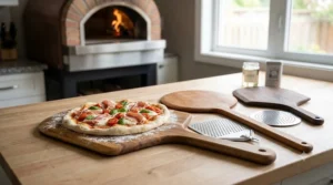 A backyard lifestyle illustration showing a home chef using a long-handled turning peel inside a portable tabletop outdoor pizza oven during a Canadian summer patio gathering.