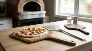 A size dimensions illustration helping Canadians choose the best pizza peel width, showing how a 12 inch to 14 inch peel fits safely inside a standard indoor home oven.