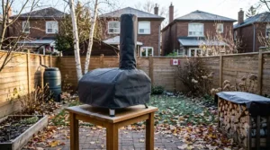 Graphic illustrating wood pellet versus liquid propane tank options for a portable pizza oven for small backyard spaces, comparing heat up times and convenience.