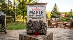 Natural lump charcoal for BBQ made from Canadian sugar maple and yellow birch logs.