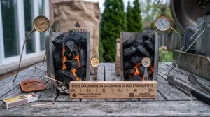 Infographic chart showing burn duration hours for lump charcoal vs charcoal briquettes for low and slow smoking.