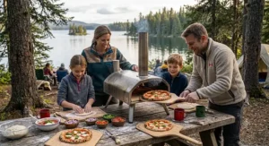 Family enjoying freshly made personal pizzas cooked in a portable pizza oven at a Canadian provincial park.