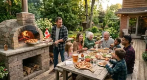 Insulated backyard pizza oven for family gatherings operating efficiently during a crisp Canadian autumn and winter season.