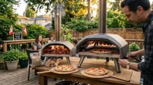 Alt text for image 3: Graphic illustration comparing propane gas and wood pellet fuel options for an outdoor pizza oven under $1000 in Canada.