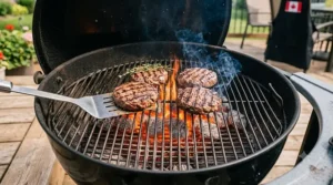 Juicy beef burgers searing over hot Kingsford charcoal briquettes during a Canadian summer BBQ test.