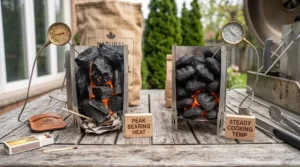 Heat temperature comparison showing lump charcoal reaching high searing heat fast compared to steady briquette heat output.