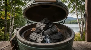 Ceramic kamado grill filled with clean-burning hardwood lump charcoal under $50 CAD.