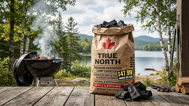 Premium Canadian hardwood lump charcoal bag under $50 CAD displayed next to a lit outdoor kettle grill in Ontario.