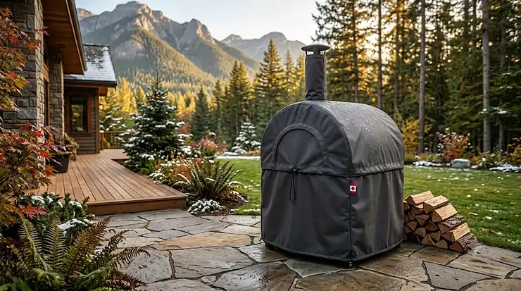 A candid, photorealistic photograph of a rugged wood-fired pizza oven completely encased in a dark charcoal gray, tailored, waterproof pizza oven cover, sitting on a snowy Canadian flagstone patio in a Rocky Mountain backyard during a late autumn sunset.