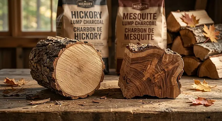 Flavor profile comparison chart showing hickory lump charcoal versus mesquite lump charcoal for smoking ribs. hickory lump charcoal vs mesquite lump charcoal for ribs