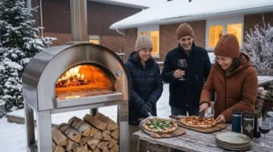 A split illustration comparing gas and wood-fired fuel options for a pizza oven during a cold Canadian winter.