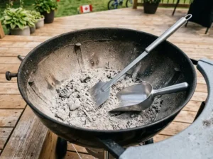 Fine gray ash leftover from burned Kingsford charcoal briquettes at the bottom of a barbecue kettle.