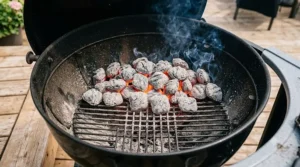 Fully ashed-over hot Kingsford charcoal briquettes glowing orange inside a barbecue grill.